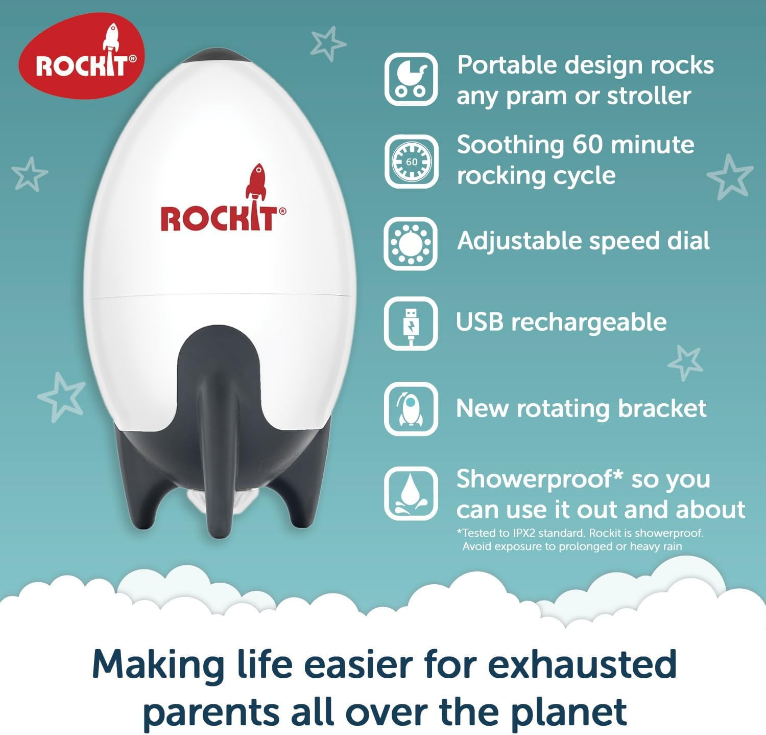 Rockit Rocker USB Rechargeable 2.0. Rock-it Baby Rocker Rocks Any Stroller, Carriage, Pushchair or Buggy. Comes with a Rotating Stroller Bracket.