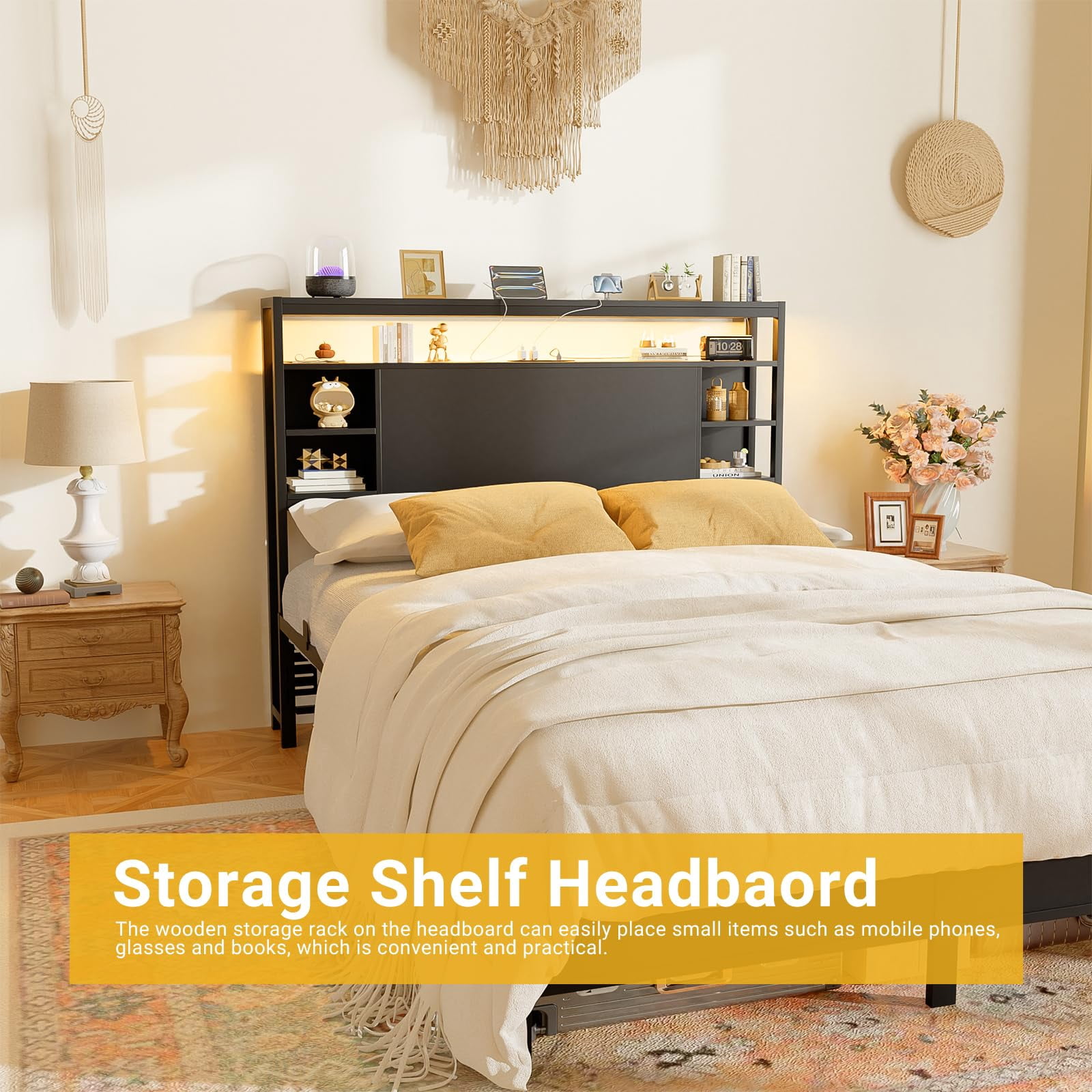 Aheaplus Full Size Headboard with Storage, Outlets & RGB LED Light - Sturdy & Stable Head Board for Bedroom, White - Perfect for Full Size Bed, Dorm Room, and Guest Room