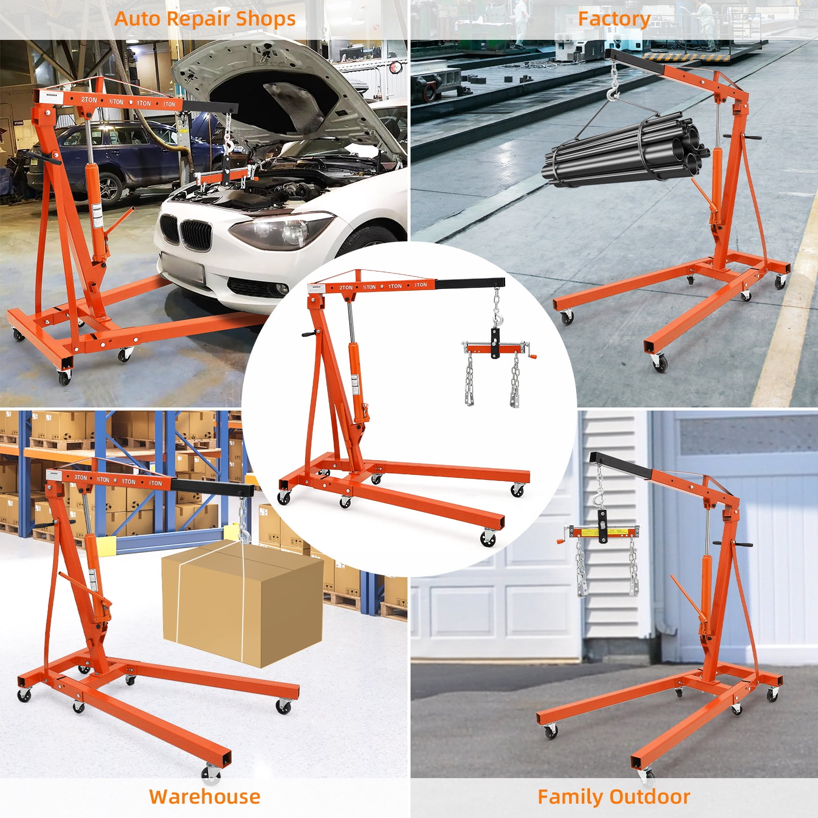 Towallmark Folding Engine Hoist, Cherry Picker with Lever and 6 Casters,Heavy Duty Hydraulic Shop Crane, 2 Ton Max, Orange