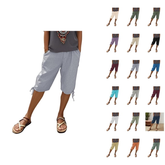 Womens Bermuda Shorts Cotton Linen Elastic Waistband Pockets Lightweight Knee Length Bermuda Long Shorts for Women