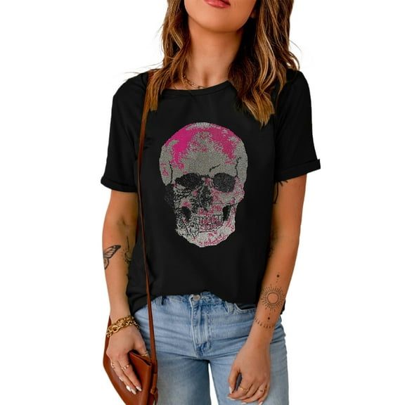 Women's Black Rhinestone Skull Graphic Crew Neck T-Shirt