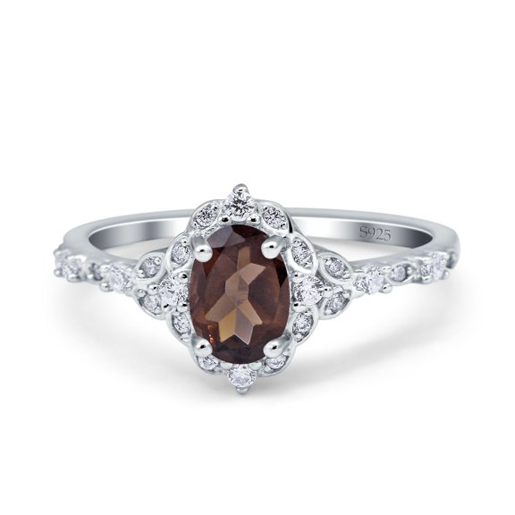 Natural Chocolate Smoky Quartz Size-5 Art Deco Oval Halo CZ Marquise Style Wedding Engagement Rings For Women 925 Sterling Silver Gifts For Her
