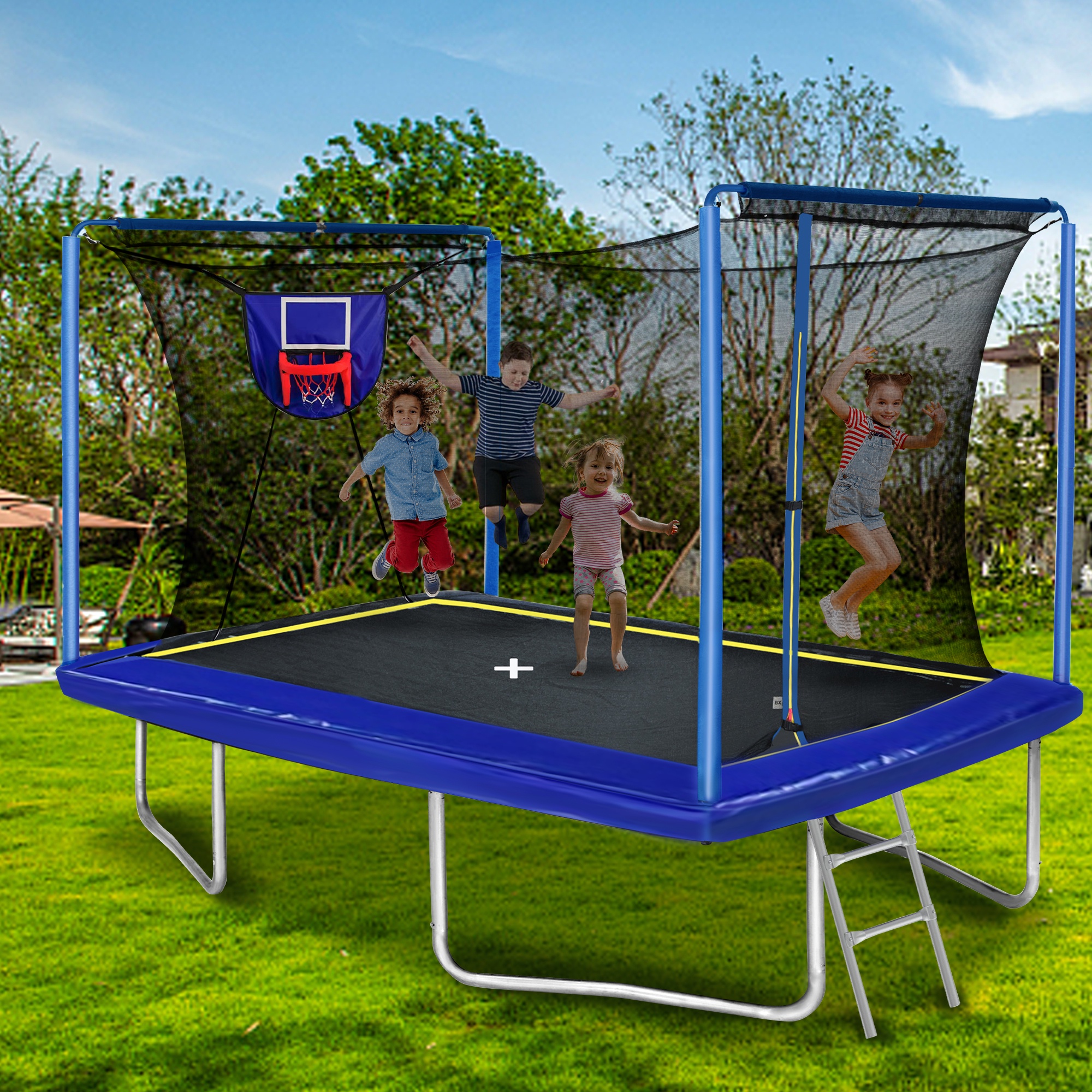 8FT x 12FT Rectangular Trampoline for Kids Large Size Trampoline with Basketball Set Outdoor Trampoline w Enclosure Net 4 Reinforced Supports for