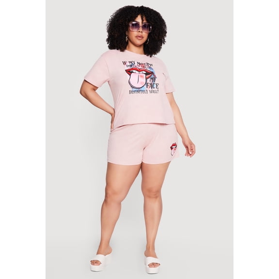 Women's Plus Size Acid Wash Lip Graphic Shorts