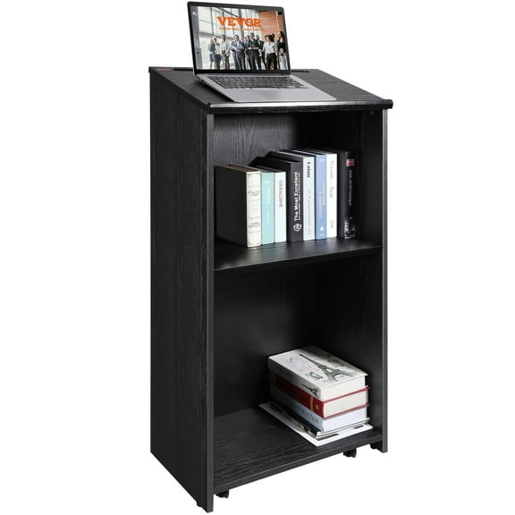 CAFORKP 47" Hostess Stand with Wheels, Wood Podium with Slant Desktop & Storage Shelves