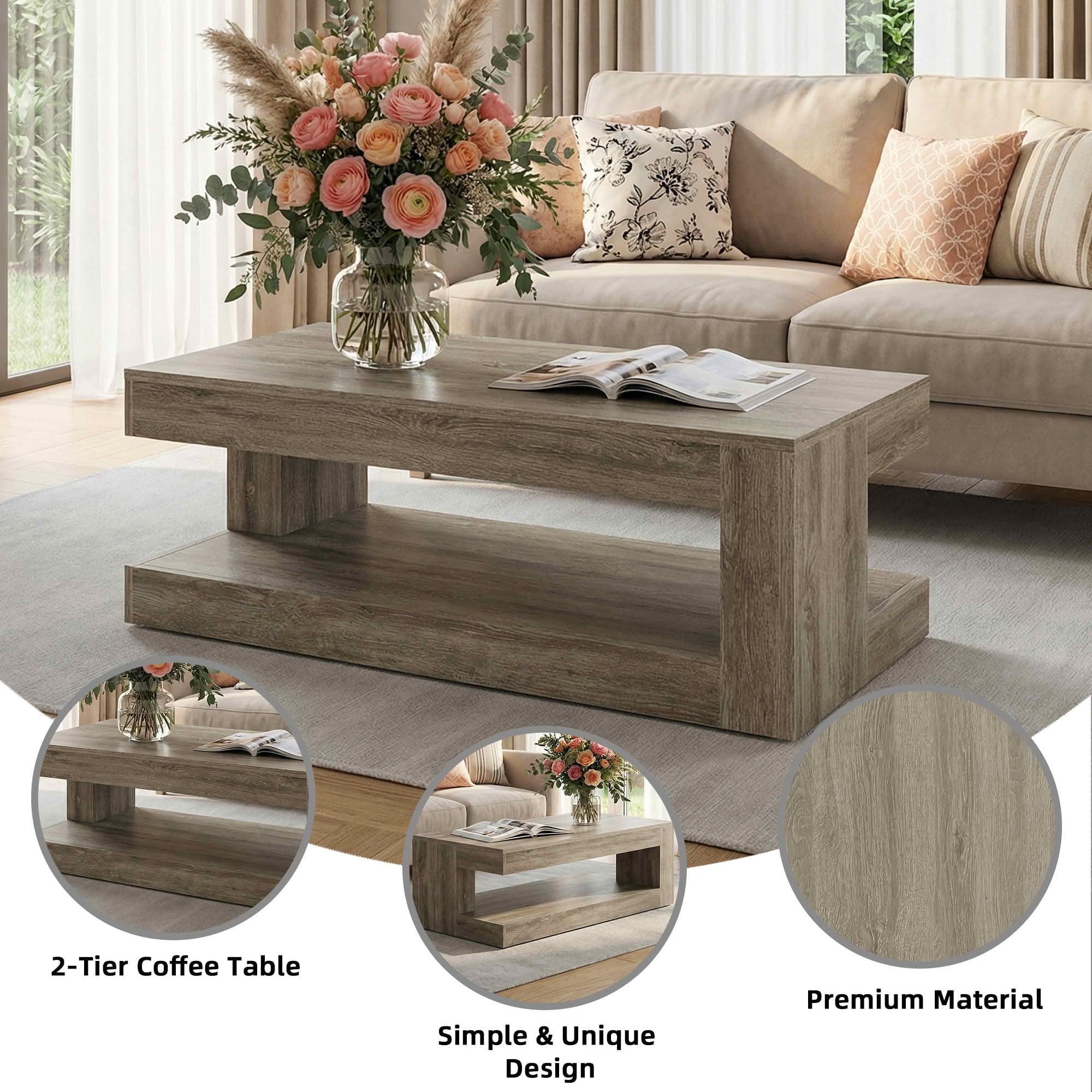 MAYEETY 47.24 Inch Farmhouse 2-Tier Coffee Table Storage Living Room Tea Table