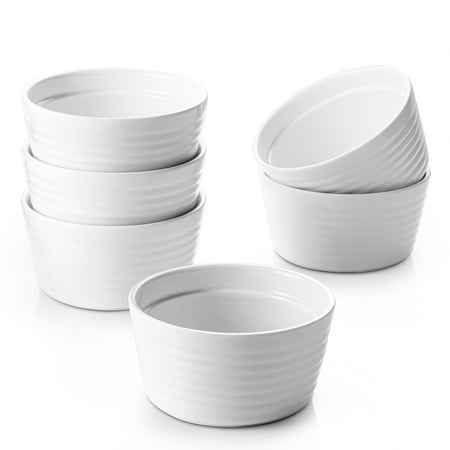 DOWAN 8oz Ceramic Ramekins Set of 6 Small Soufflé Bowls for Desserts Appetizers & Snacks Stackable Ramekin Dishes Oven Microwave and Dishwasher Safe White Porcelain