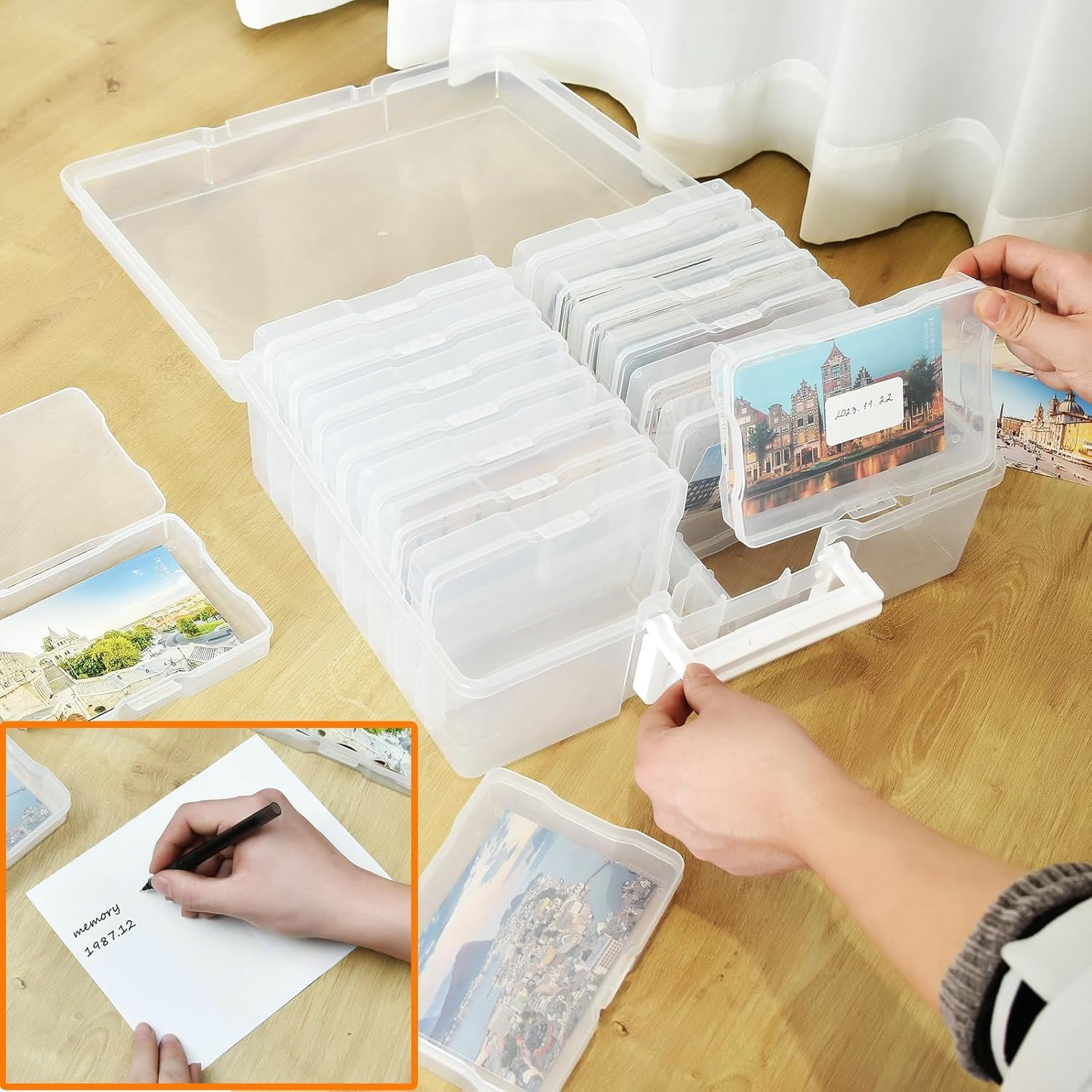 Photo Storage Box with Handle, 4" x 6" Photo Organizer Storage Container with 16 Inner Case and 1 Sheet Blank Labels for Pictures, Arts, Crafts, Sewing, Seeds, Office Supplies - Clear