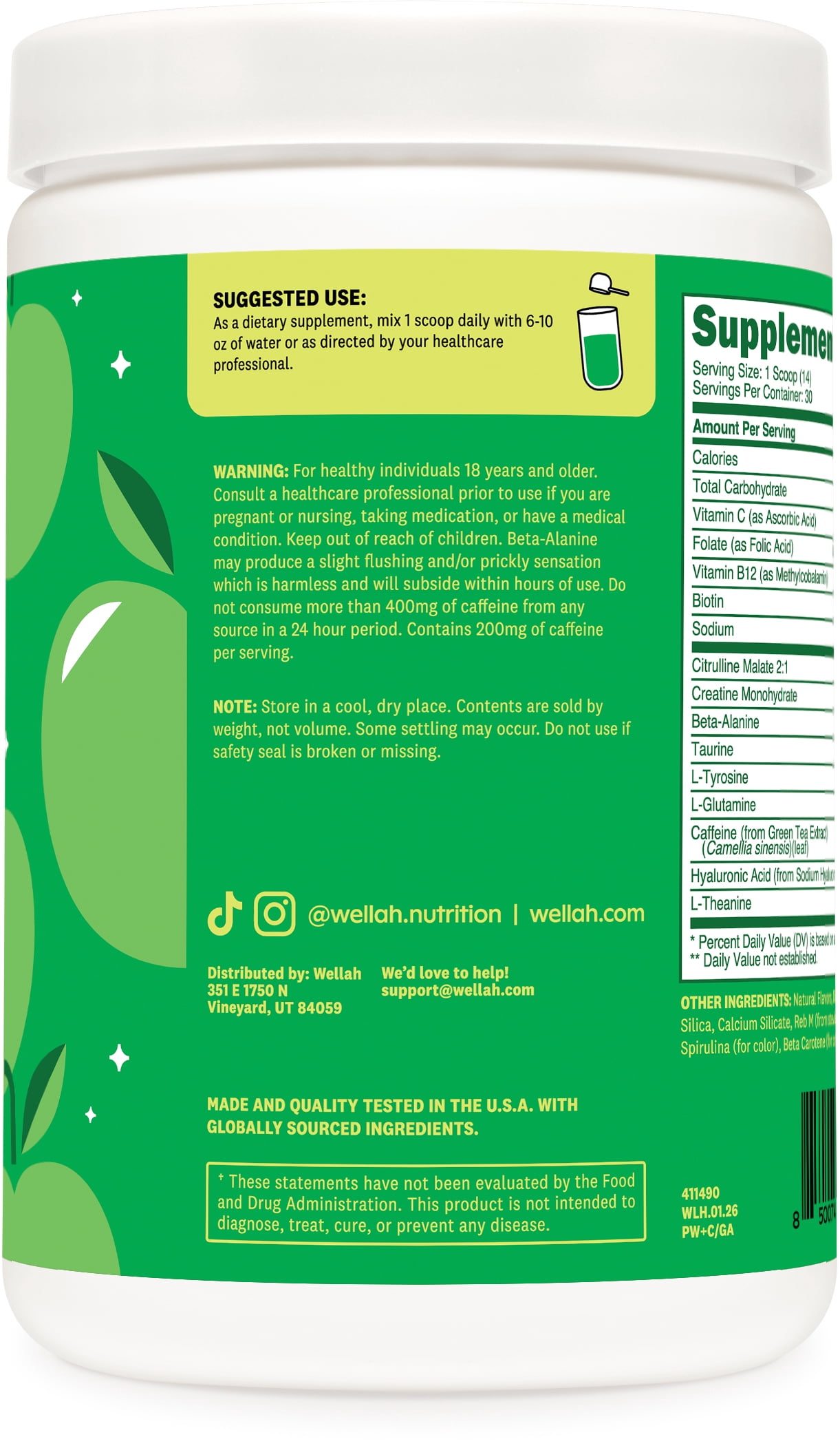 Wellah Pre-Workout + Creatine Powder (30 Servings) Green Apple - 200mg Caffeine, 3g Creatine Monohydrate, 5g Citrulline Malate, Pre-Workout with Creatine Supplement