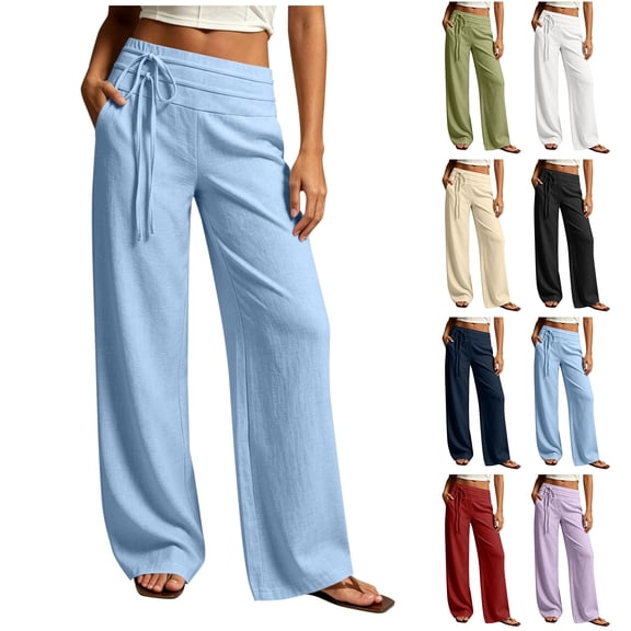 Bloomae Wide Leg Linen Pants for Women Ultra Soft Side Drawstring Elastic High Waist Baggy Loungewear Trousers Lightweight Casual Palazzo Pajama Pants with Pockets