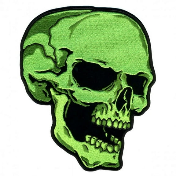Green Skull Right, High Thread Embroidered Iron-on / Saw-on Rayon PATCH - 3" X 4"