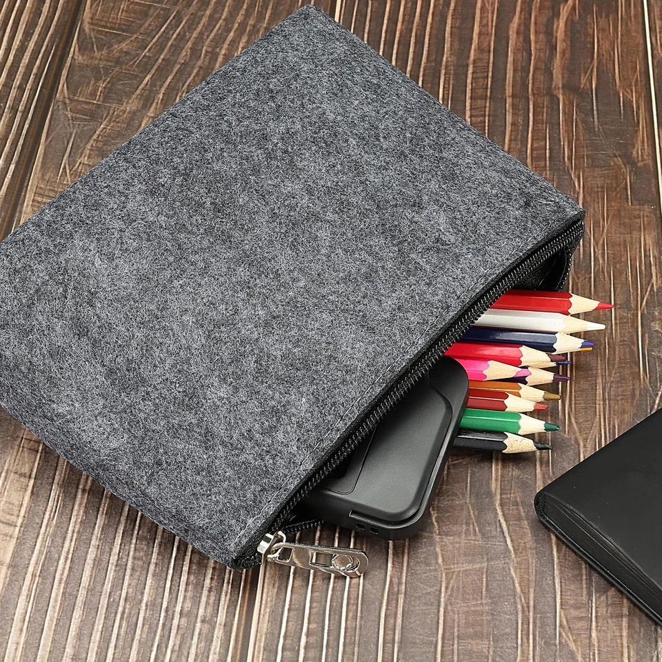 2Pcs Felt Pencil Pen Case Stationery Office Storage Zipper Pouch Gray