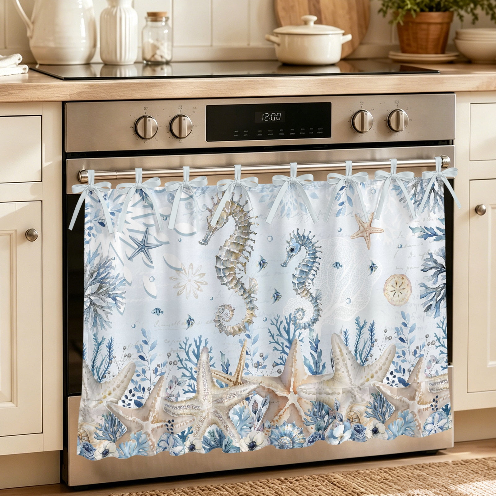 Coastal Seahorse Oven Skirt for Farmhouse Kitchen D&eacute;cor Summer Ocean Starfish Corals Blue Oven Curtain Tie Top Decorative Stove Skirt Cabinet Dish Washer Curtains with 8 Ribbon Ties 32 x24