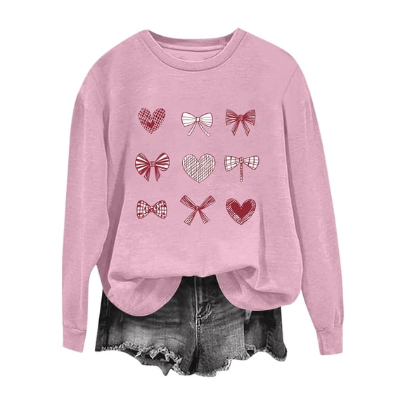 SELONE Women's Tops Valentine Heart Print Long Sleeve Pullover Crewneck Sweatshirt Casual Outerwear Pink M