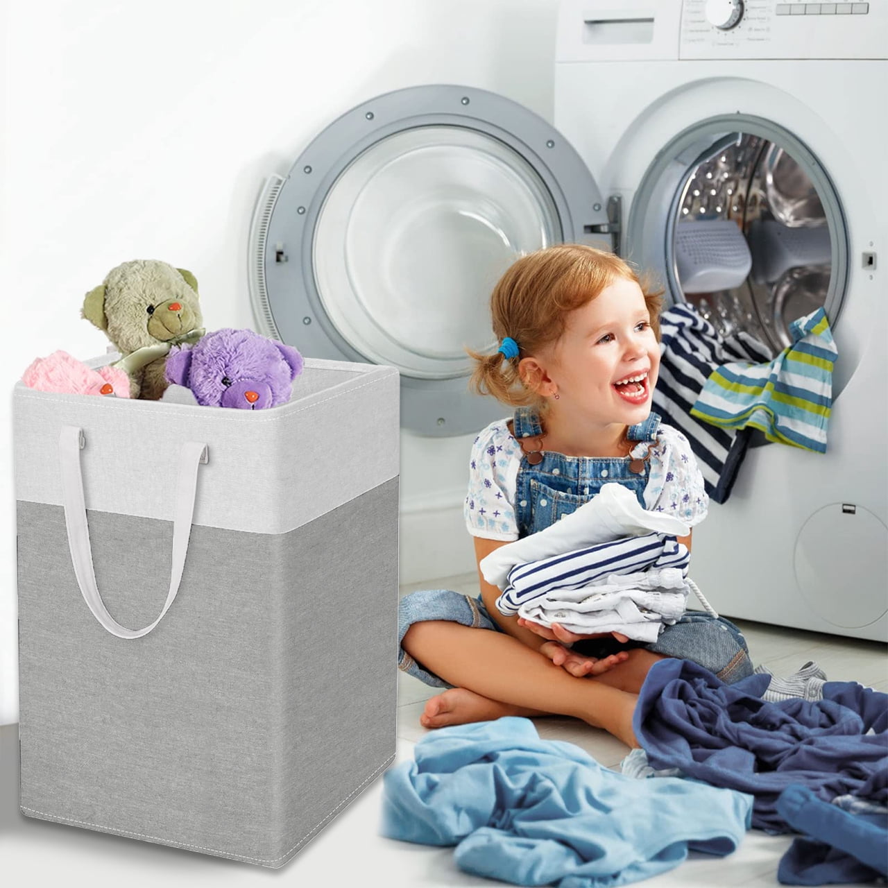 4-Pack Extra Large Laundry Basket, Waterproof, Freestanding Laundry Hamper, Collapsible Tall Clothes Hamper with Extended Handles for Clothes Toys, 100L/26.42 gal,Gray & White Blocks