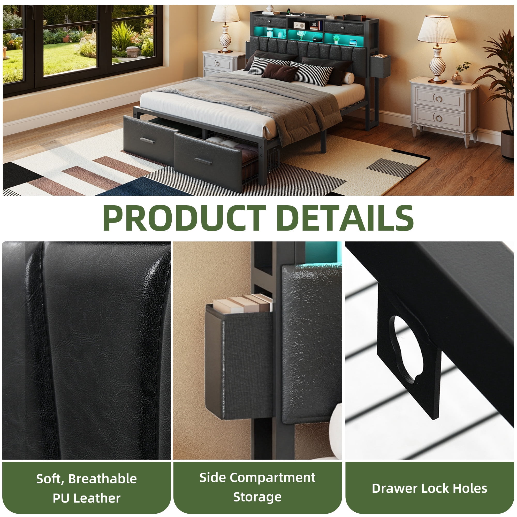Uforic Queen Size Bed Frame with 2 Storage Drawers & Charging Station, PU Leather Upholstered Bed with Storage Headboard, LED Light, Heavy Duty Metal Support, Noise Free, No Box Spring Needed, Black