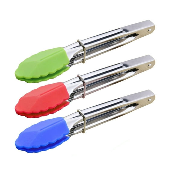 Mini Tongs With Silicone Tips 7-Inch Serving Tongs - Set of 3 - Perfect for BBQ, Salad, Grilling, Cooking, Appetizers and Food Serving (Green Red Blue)
