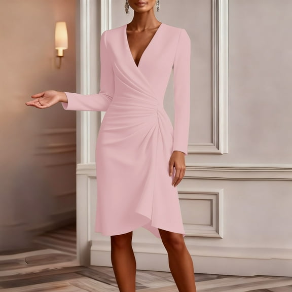 Women's Dress Office Style Workplace Long Sleeve V-Neck Party Dress (Pink L)