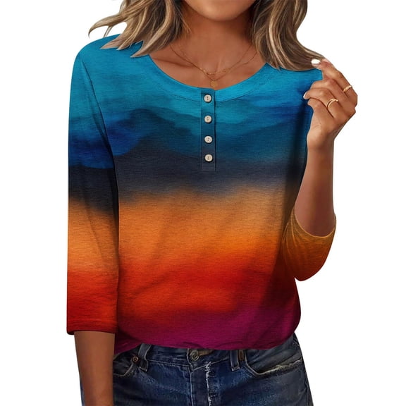Taqqpue Women Long Sleeve Shirts Casual Gradient Color Crewneck Button Pullover Tops Fall Winter Loose Fit Plus Size Cotton 3/4 Sleeve T Shirts for Women