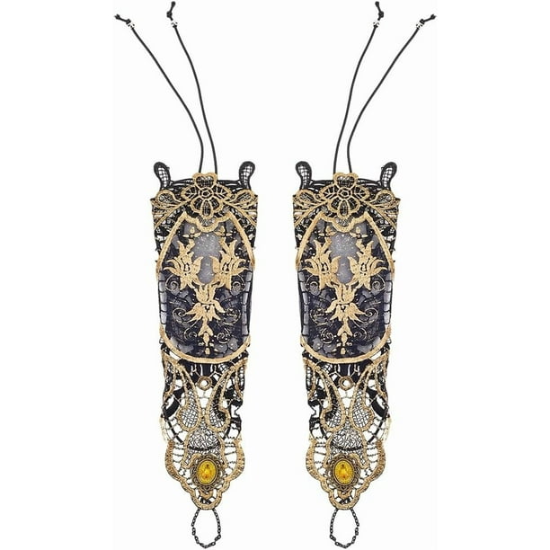 2 guantes bronceadores sin dedos para mujer, estilo vintage gótico, floral, con encaje Steampunk, largos, dorados y negros, con cuentas, hechos a mano, para novia, pulsera, anillo, puño de malla.