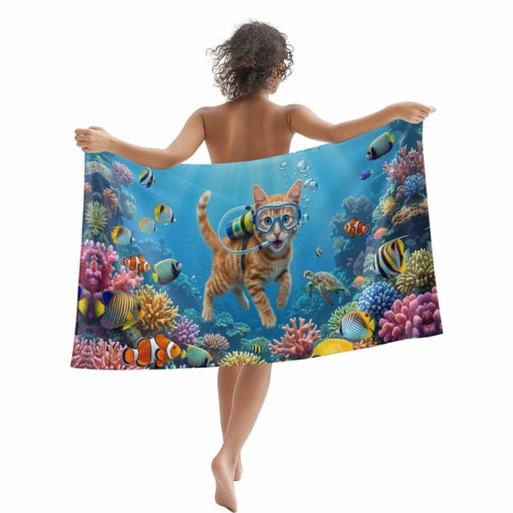 Beach Towel Diving Cat Bath Pool Towels Funny Animal Fish Coral Seafloor Absorbent Beach Towel Soft Large Quick Dry Lightweight Camping Travel Sports Yoga Gym Swim Towels for Adult 35x70 Inch