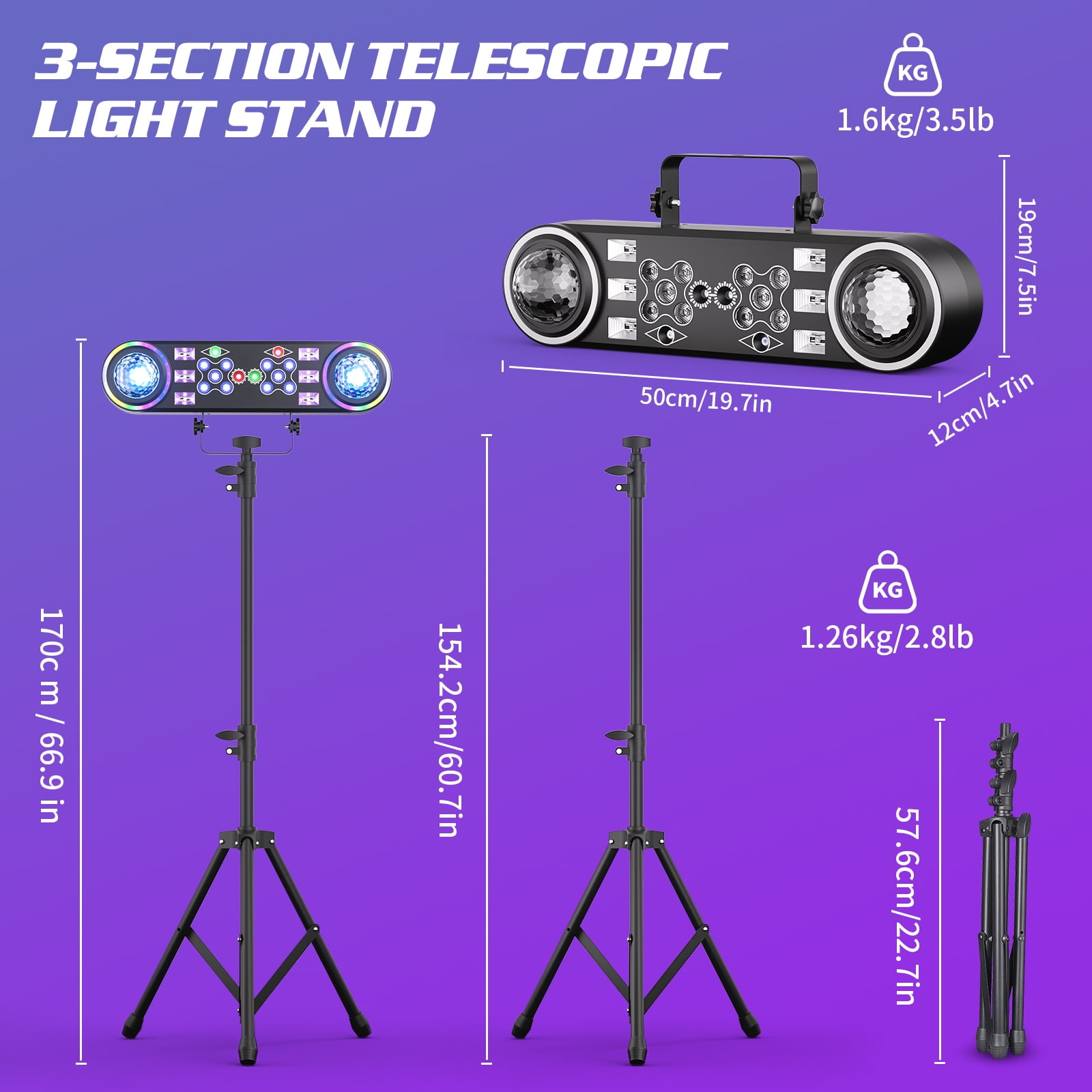 JAJALUYA 2Pack 7-in-1 DJ Lights with Stand DMX & Remote Professional Double Head Magic Ball Stage Light with Tripod Bag