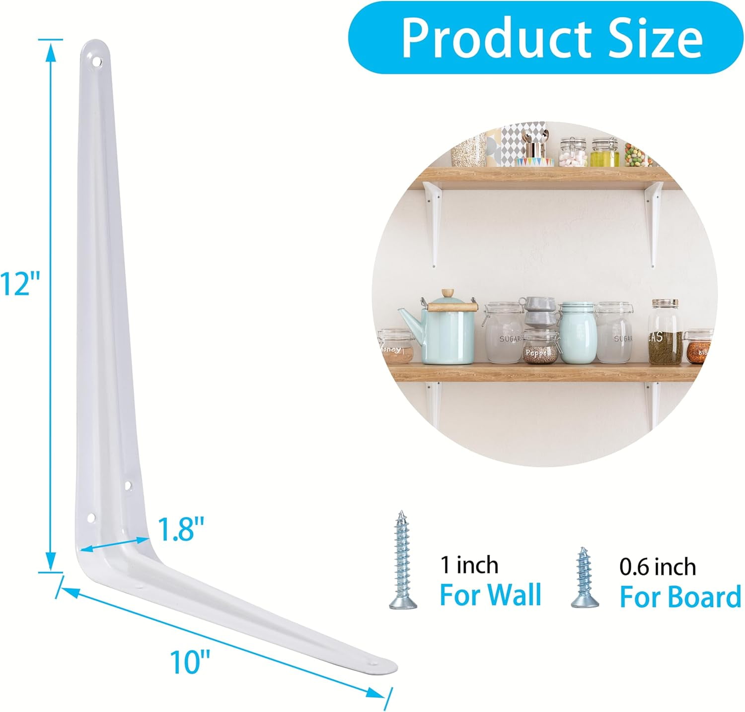 20 Pack Shelf Brackets 12 Inch, White Metal Brackets for Shelves, L Shape Shelving Brackets (White, 12" x 10")