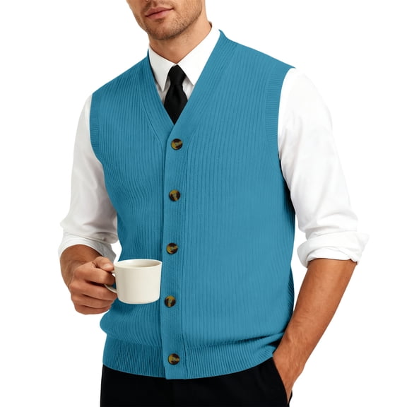 Huankd Mens Sweater Vest Sleeveless Classic Business Casual Cable Knit Cardigan Sweater V Neck Button Down Pullover Vest Blue S