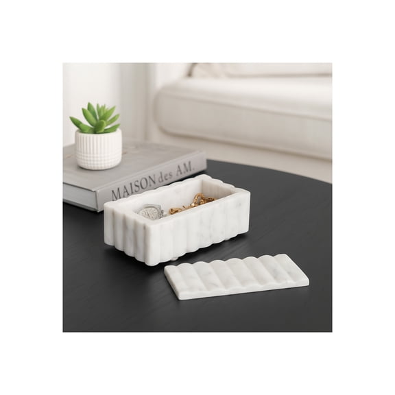 Decorative Marble Ridged Box for Home Decor- Modern Storage Box with Lid for Jewelry, Keepsake, and Shelf Accent - Home Organizer for Bedroom, Office Desk, or Living Room Decor - 3", White
