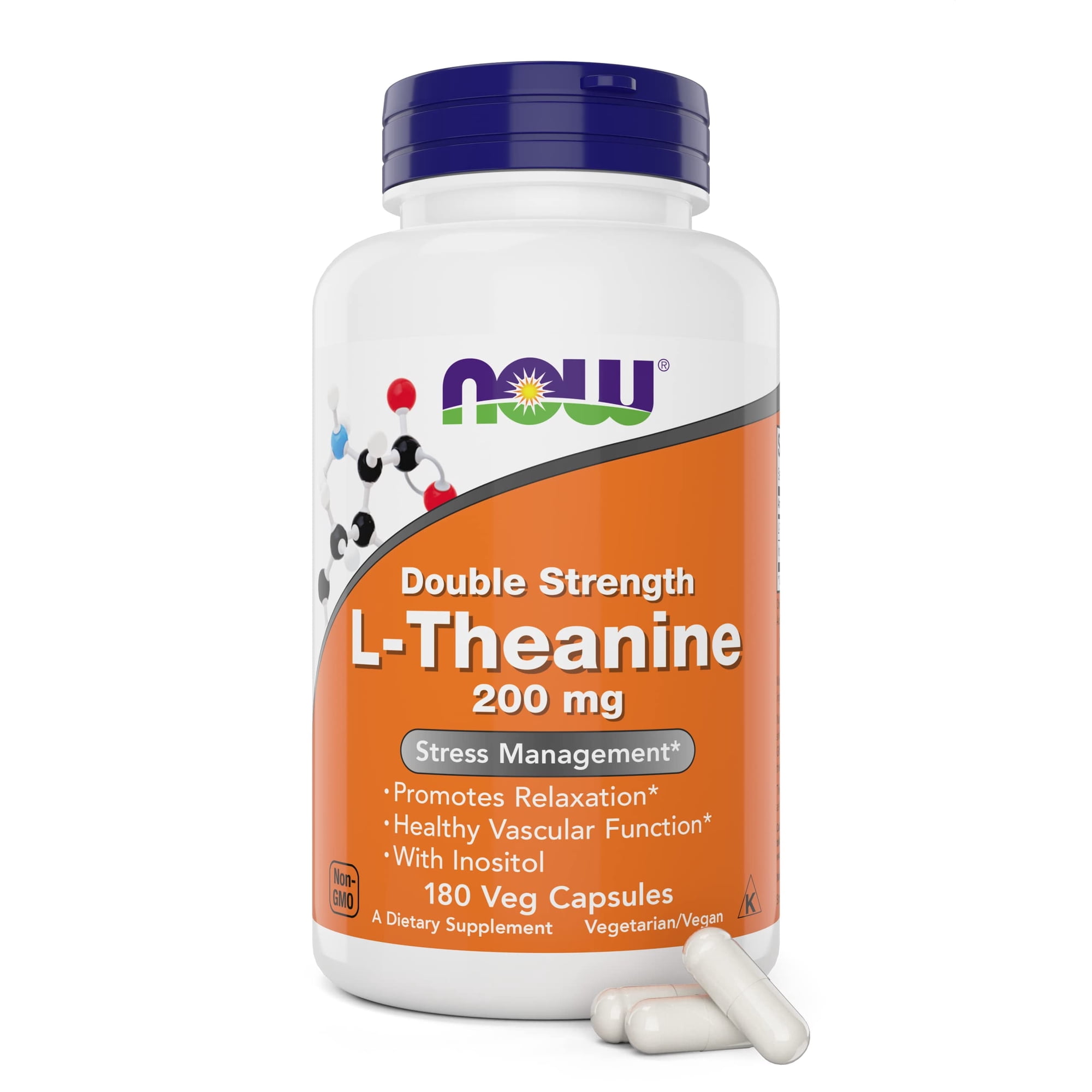 NOW Foods L-Theanine, Double Strength 200 mg Per Capsule - 180 Veg Capsules - Enhanced with 100mg Inositol