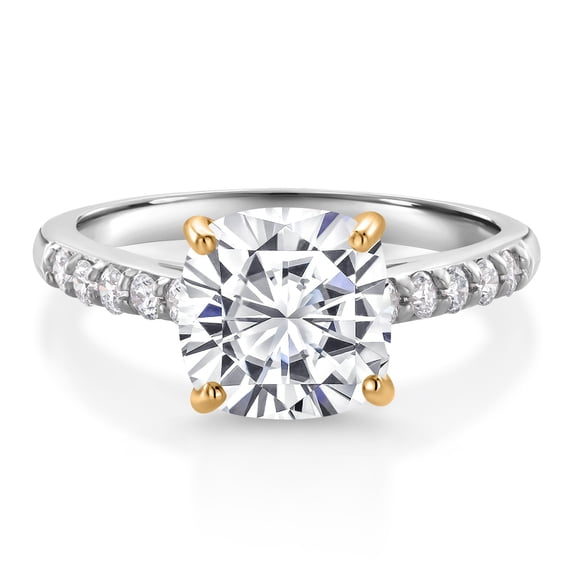 Gem Stone King 10K White Gold Ring with Yellow Gold Prongs Lab Grown Diamond Set with Cushion Moissanite (2.60 Cttw, Size 7)