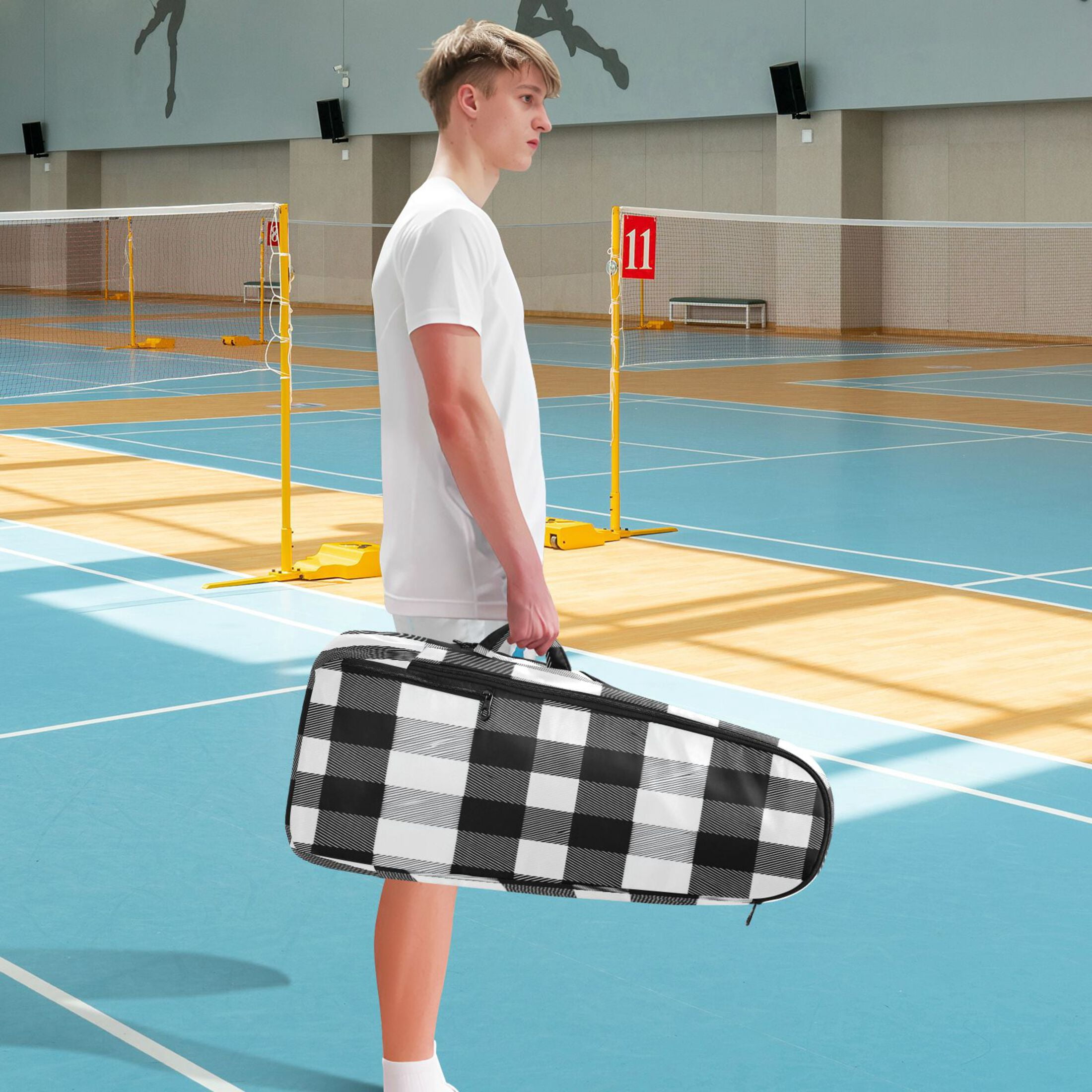2 Racquet Holder Tennis Backpack Tennis Racket Covers Gym Bags Black White Plaid Pattern