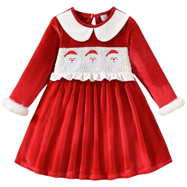Splozh Robe de Noël pour Petites Filles Robe de Noël pour Tout-Petites Filles Velours Manches Longues Smockée Broderie du Père Noël Robe Trapèze Tenues de Festival Rouge, 2-3 Ans