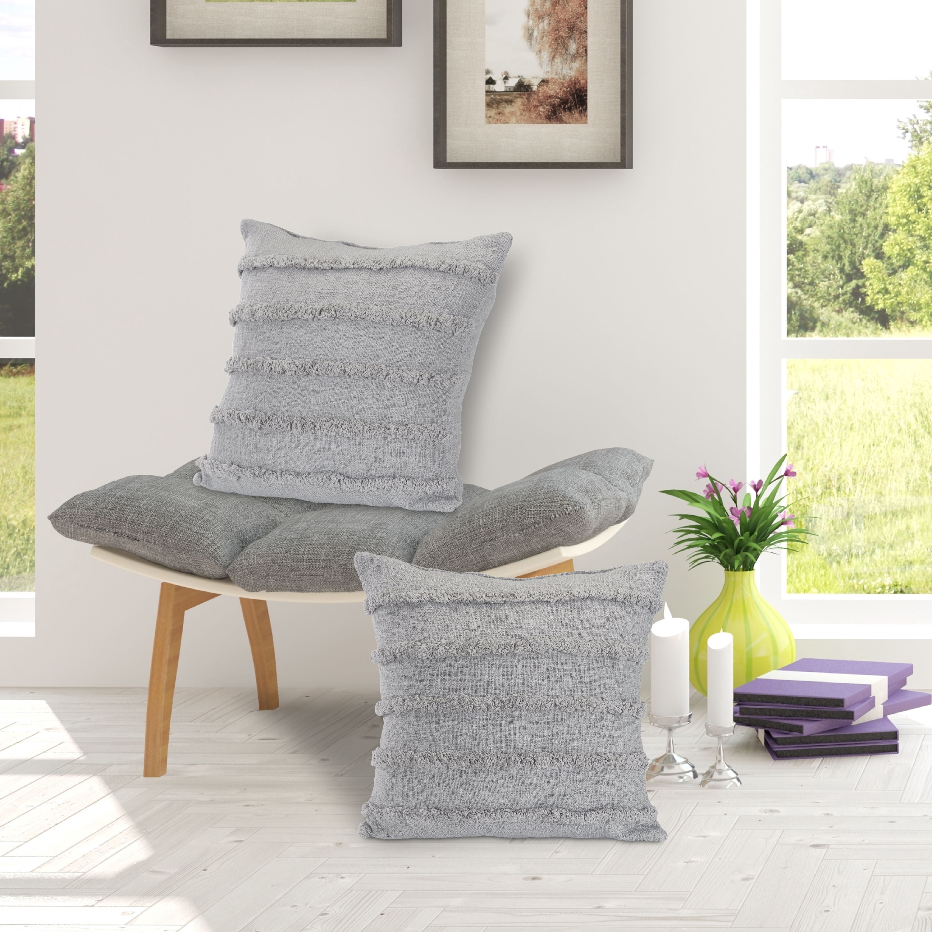 Ox Bay Sindy 20" x 20" Gray Shag Striped Cotton Adult Decorative Throw Pillow