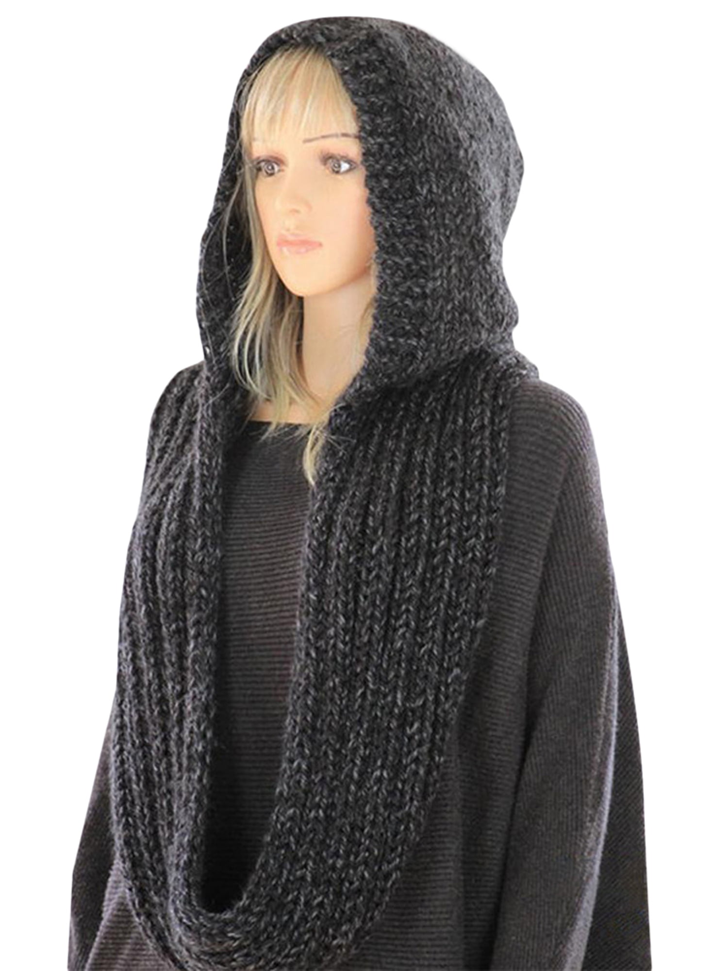 Thick Warm Winter Soft Knit Crochet Hood Infinity Scarf Pull String Faux Fur Hat 