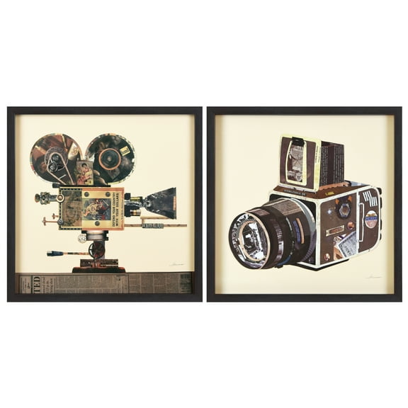 Empire Art Direct Antique Film Projector & SLR Camera Dimensional Collage Framed Graphic Art Under Glass Wall Art, 25" x 25" each, Ready to Hang