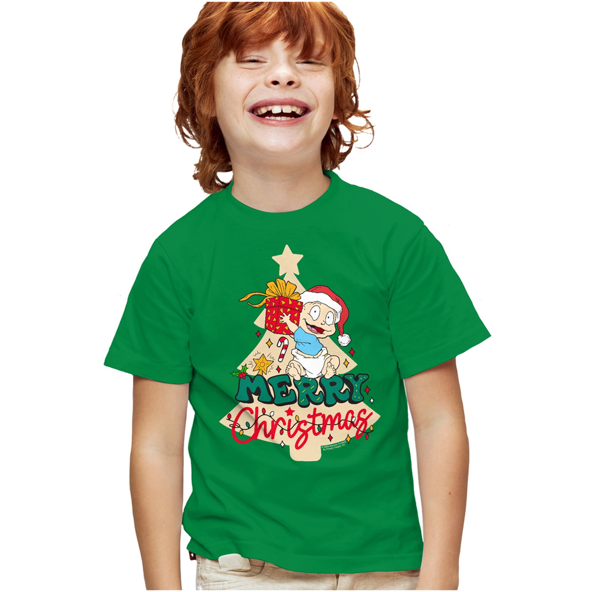 Rugrats Merry Christmas Tommy Pickles Kids T Shirt for Youth Boys and Girls, Kelly Green, Large
