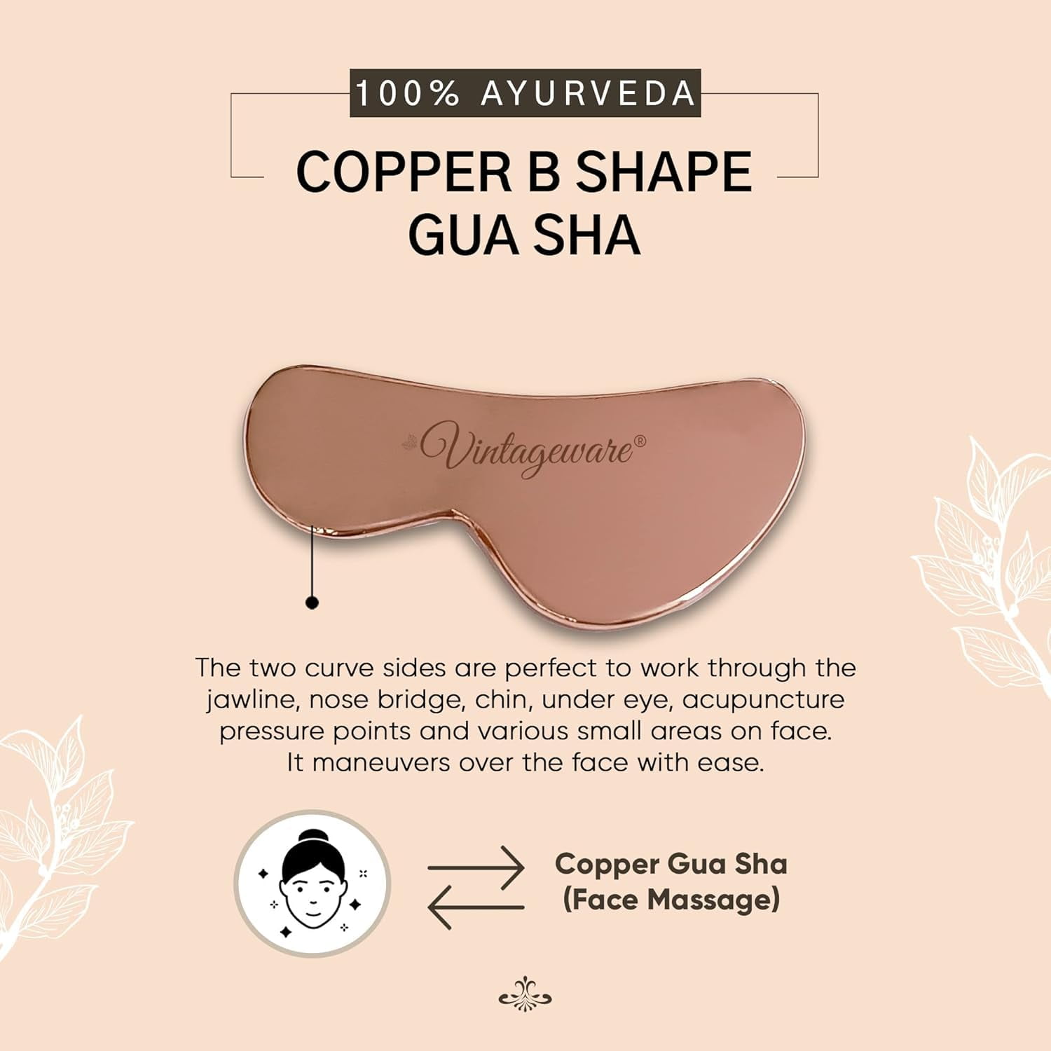 Vintageware® Copper Gua Sha | B-Shape Massage Board for Chiropractic & Physical Therapy | Premium Tool for Face & Body | Relieves Back & Muscle Pain | Gua Sha for Face, Neck & Back (B-Shape)