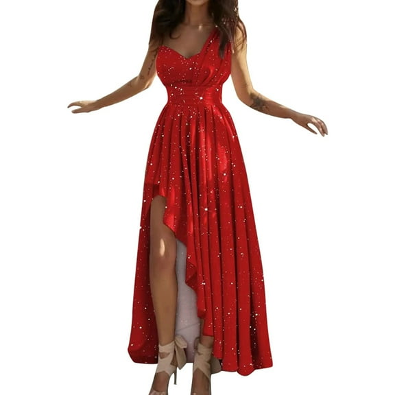 Women's Elegant Solid Color Dress High Waist Shoulder Long Hem Party Evening Gown