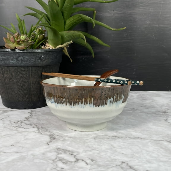 Oriental Aesthetics Wabi-Sabi Blue Brown Ceramic Bowl, 6 3/4" wide,  24 fl oz