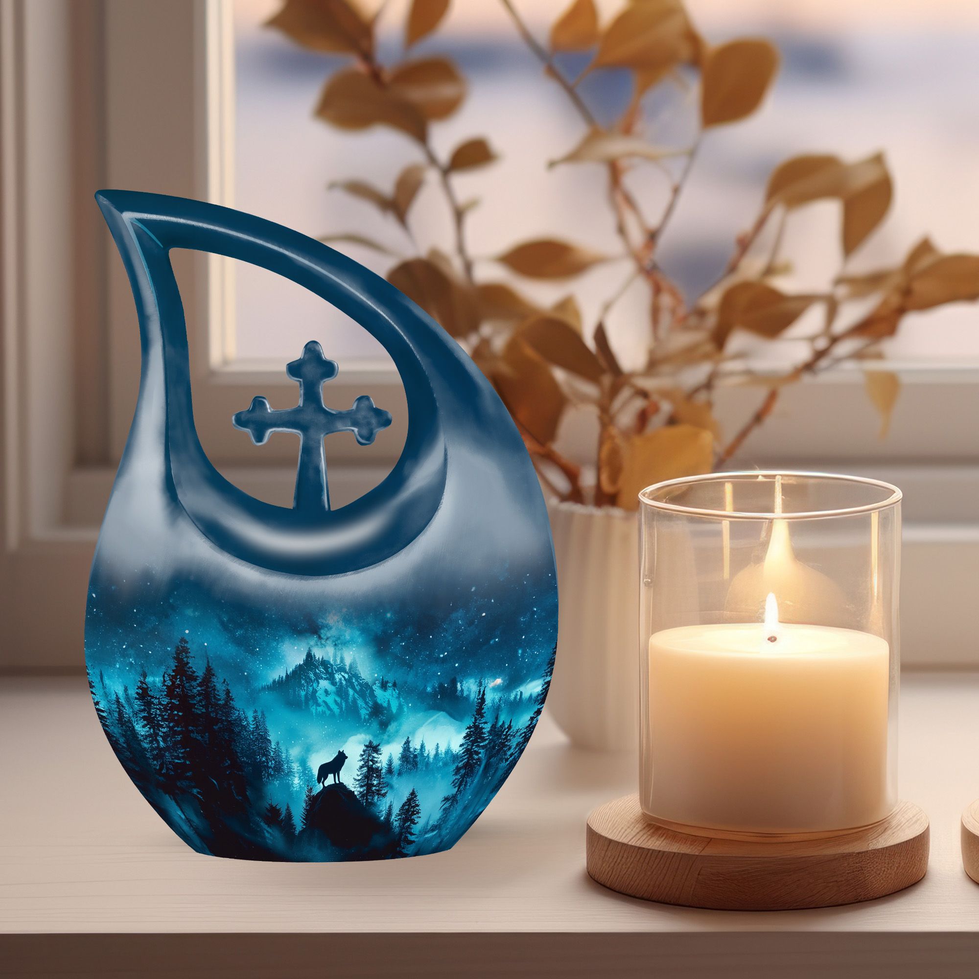 MUKTIVE Urns for Human Ashes Adult Wolf - 10 Cremation Urns for Human Ashes - Large Decorative Urn - Blue Urn for Mom and Dad