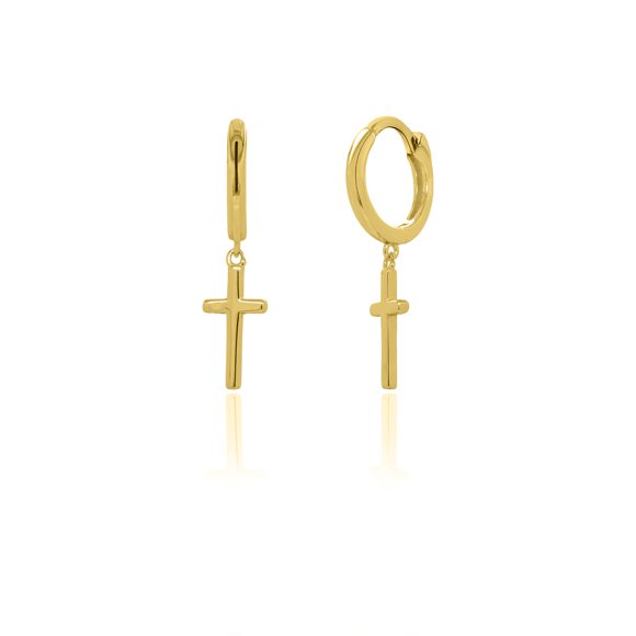 Mercie Sterling Silver Gold Vermeil Gold Cross Dangle Huggie Hoop Earrings, Religious Jewellery for Women