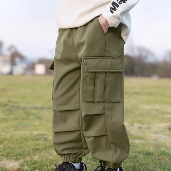 Juslio Boys Pants Solid Pockets Boy's Straight Leg With Pocket Ankle Work Waterproof kids Army Green