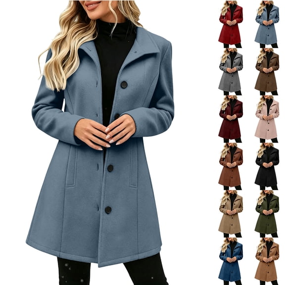 Qiggri Women's Winter Overcoat Peter Pan Collar Single Breasted Pea Coat A Line Outerwear Long Sleeve Pockets Work Office Business Casual XL