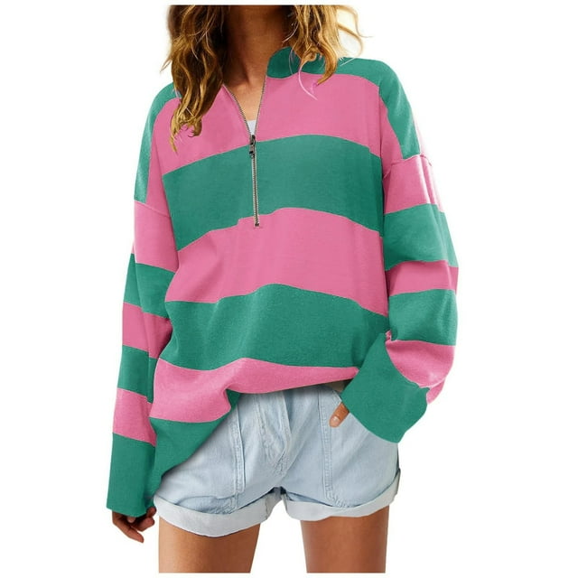 WEIYLL Women Oversized Fall Half Zipper Turtleneck Striped Tops Long Sleeve Color Block Cardigan Sweatshirts Pink