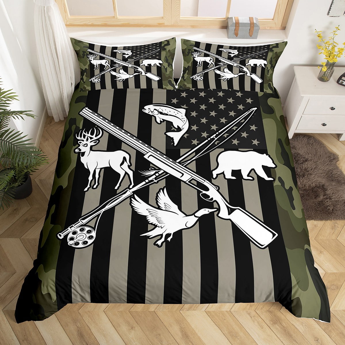 YST Army Green Camo American Flag Bedding Set Twin Hunting Animal