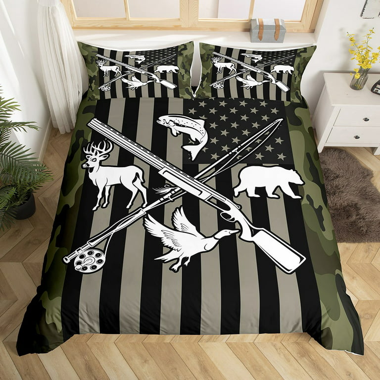 YST Army Green Camo American Flag Bedding Set Full Hunting Animal Fishing  Bass Fish Duck Duvet Cover Wild Bear Deer Comforter Cover For Kids Boys  Men,Camouflage Quilt Cover 2 Pillow Cases 