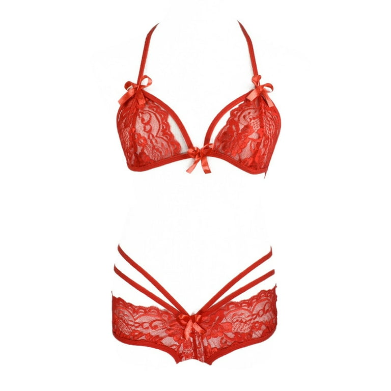 Pitauce Matching Bra and Panty Sets Women Sexy Lingerie Set Lace Bralettes  Underwear No Steel Ring Bra Red M