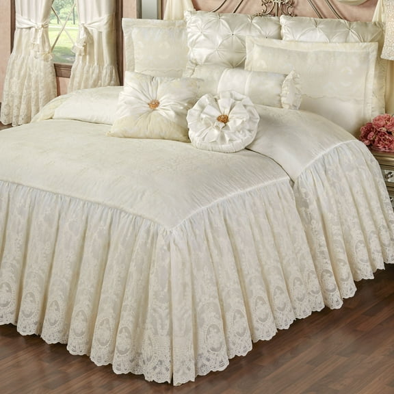 Cameo Lace Collection Grande Bedspread - Pearl - Shabby Chic Style - Romantic Heirloom - Victorian Floral Aesthetic - Vintage Embroidery - Luxury Antique Bedding Bedspread Grande Cal King