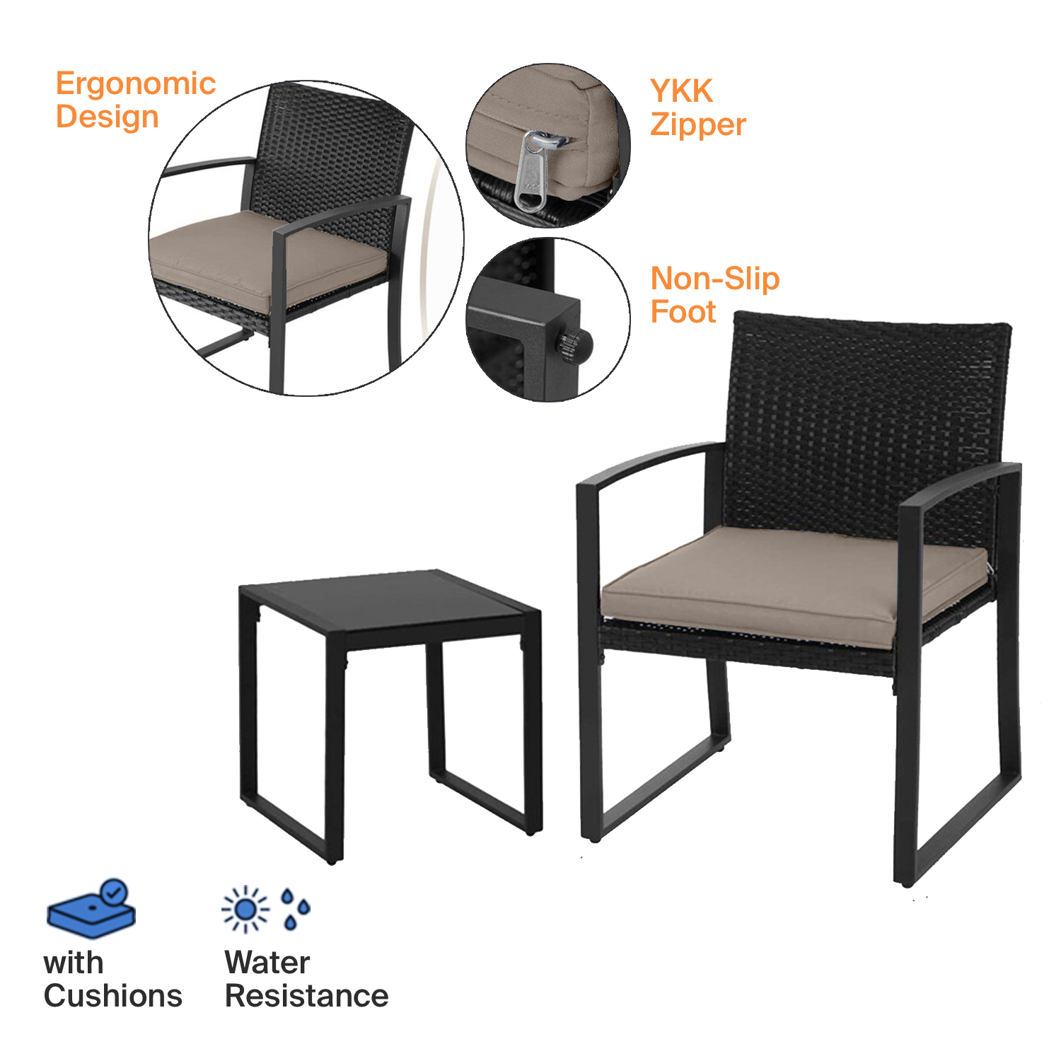 PyramidHomeDecor Black Wicker Furniture - 3 Piece Bistro Set for Outdoor Conversation - 2 Cushioned Rattan Chairs with Glass Coffee Table for Patio, Lawn, Porch, Lounge, Deck, Balcony & Living Room - image 4 of 7